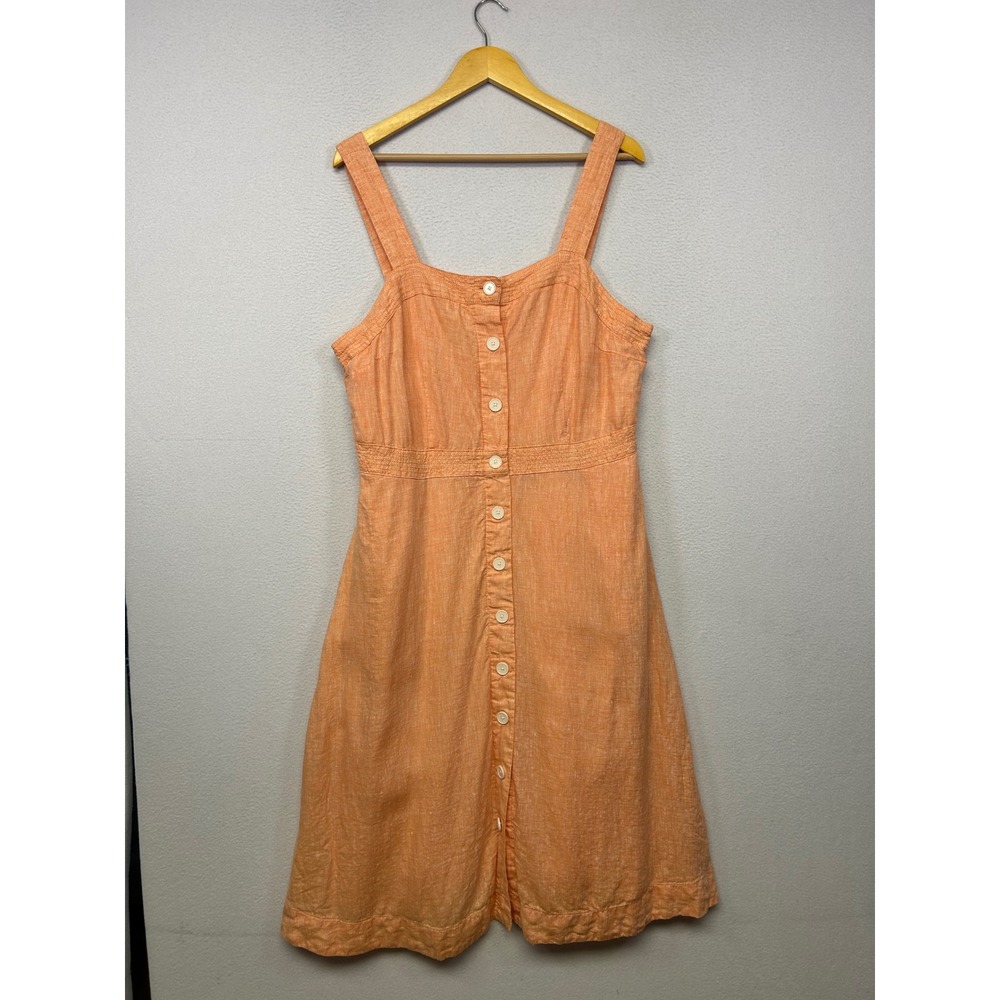 Coastal Summer Talbots Womens 16 Orange Linen Button Front Pockets Midi Dress
